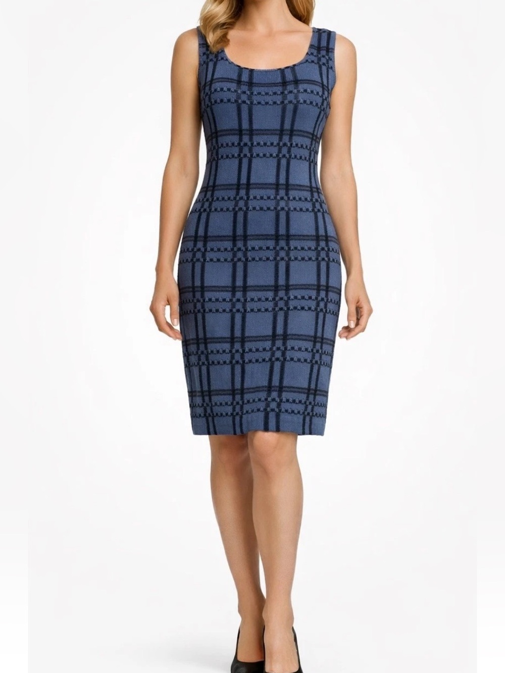 St. John Collection Knit Dress Blue Black Textured Check Sleeveless Size 6 FA08
